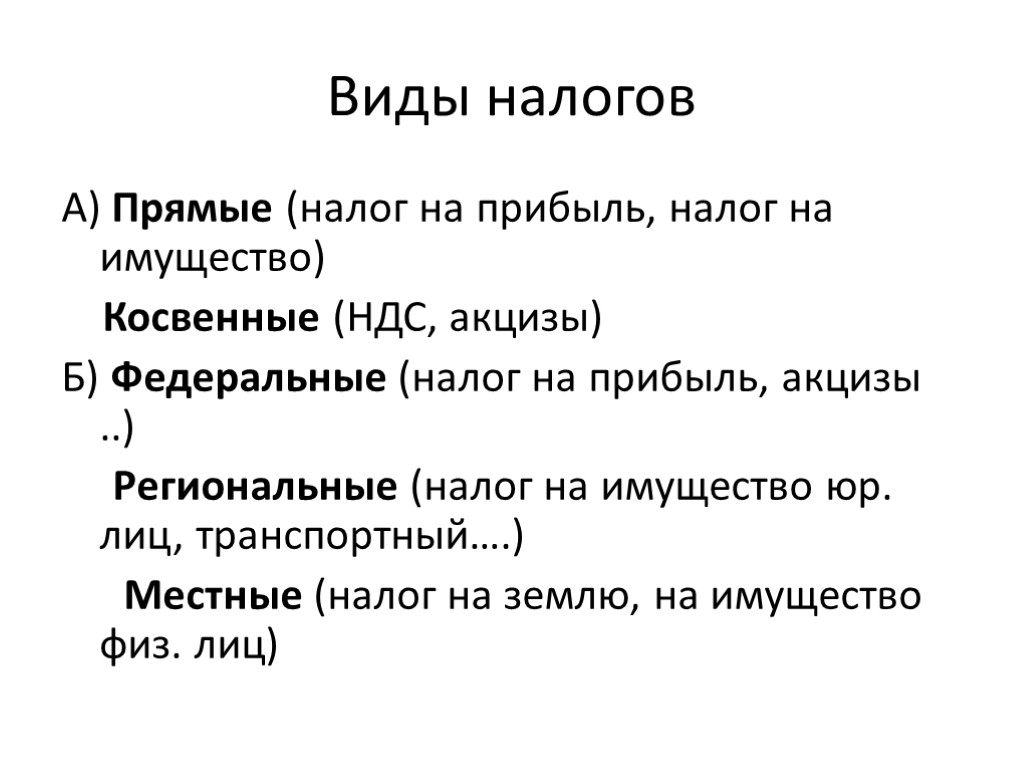 Виды налогов А) Прямые (налог на прибыль, налог на имущество) Косвенные (НДС, акцизы) Б)